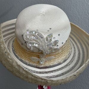 Women's Ivory Wide Brim Straw Hat with Sequins & Floral Appliqué